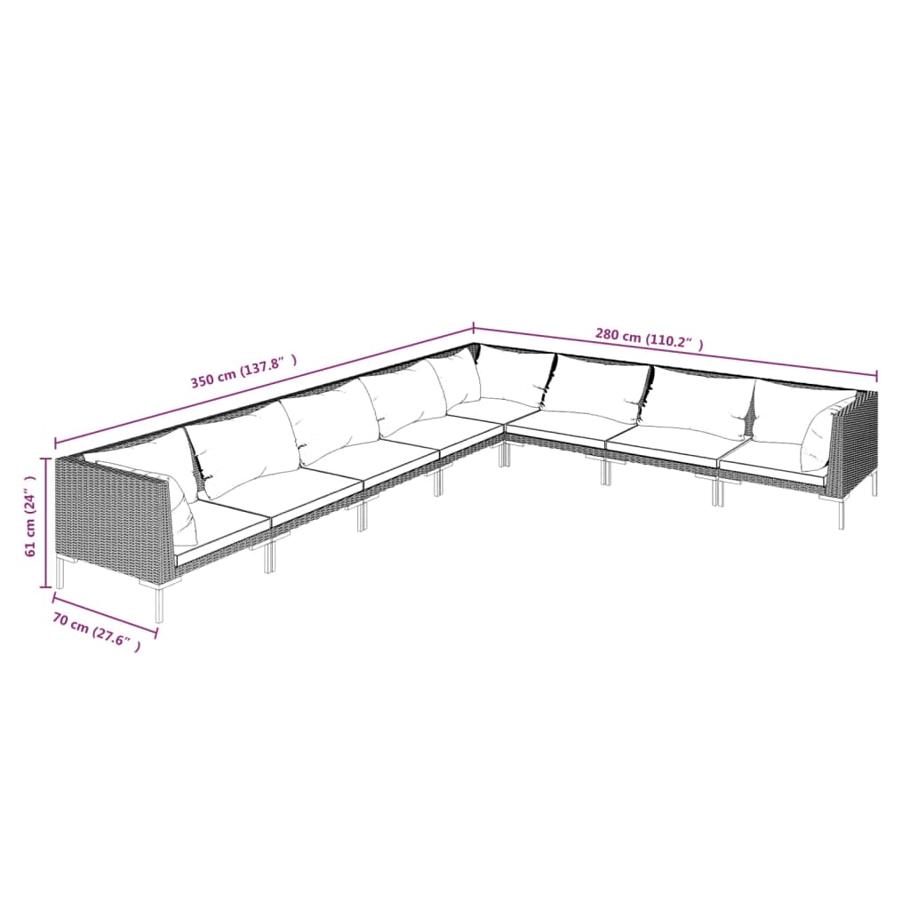 5-delige Loungeset met kussens poly rattan donkergrijs