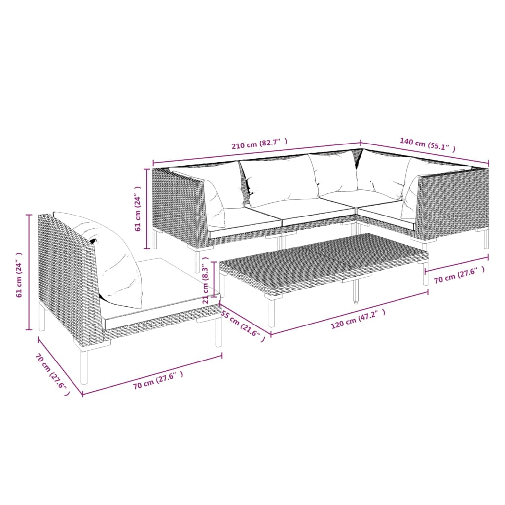 9-delige Loungeset met kussens poly rattan donkergrijs