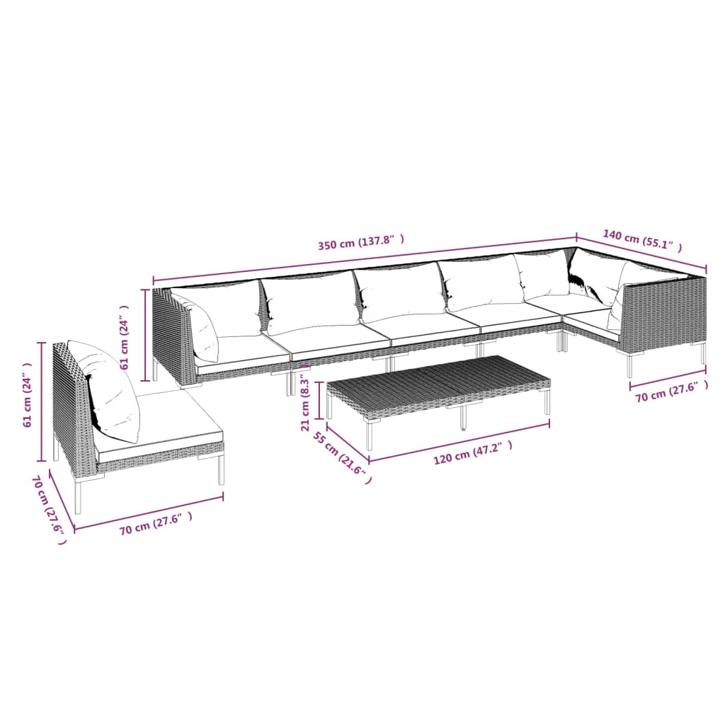 9-delige Loungeset met kussens poly rattan donkergrijs