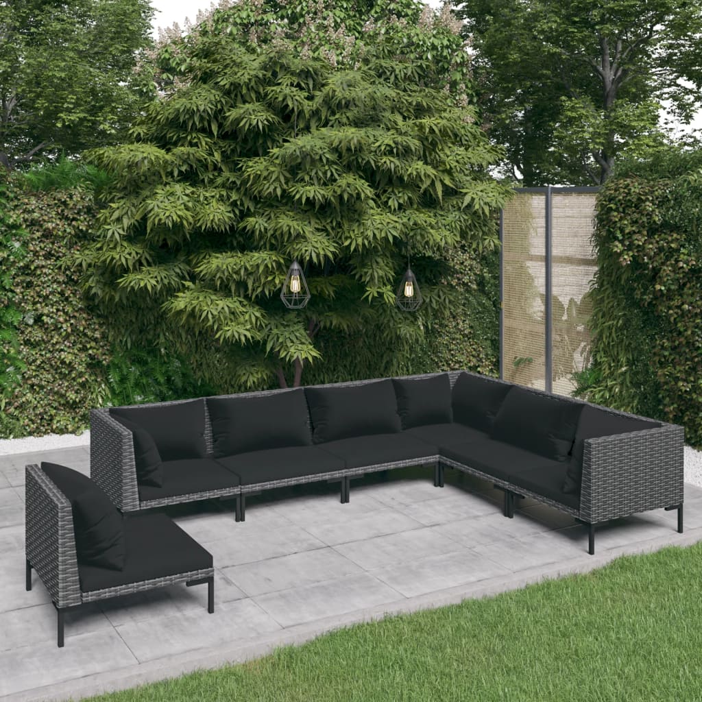 9-delige Loungeset met kussens poly rattan donkergrijs