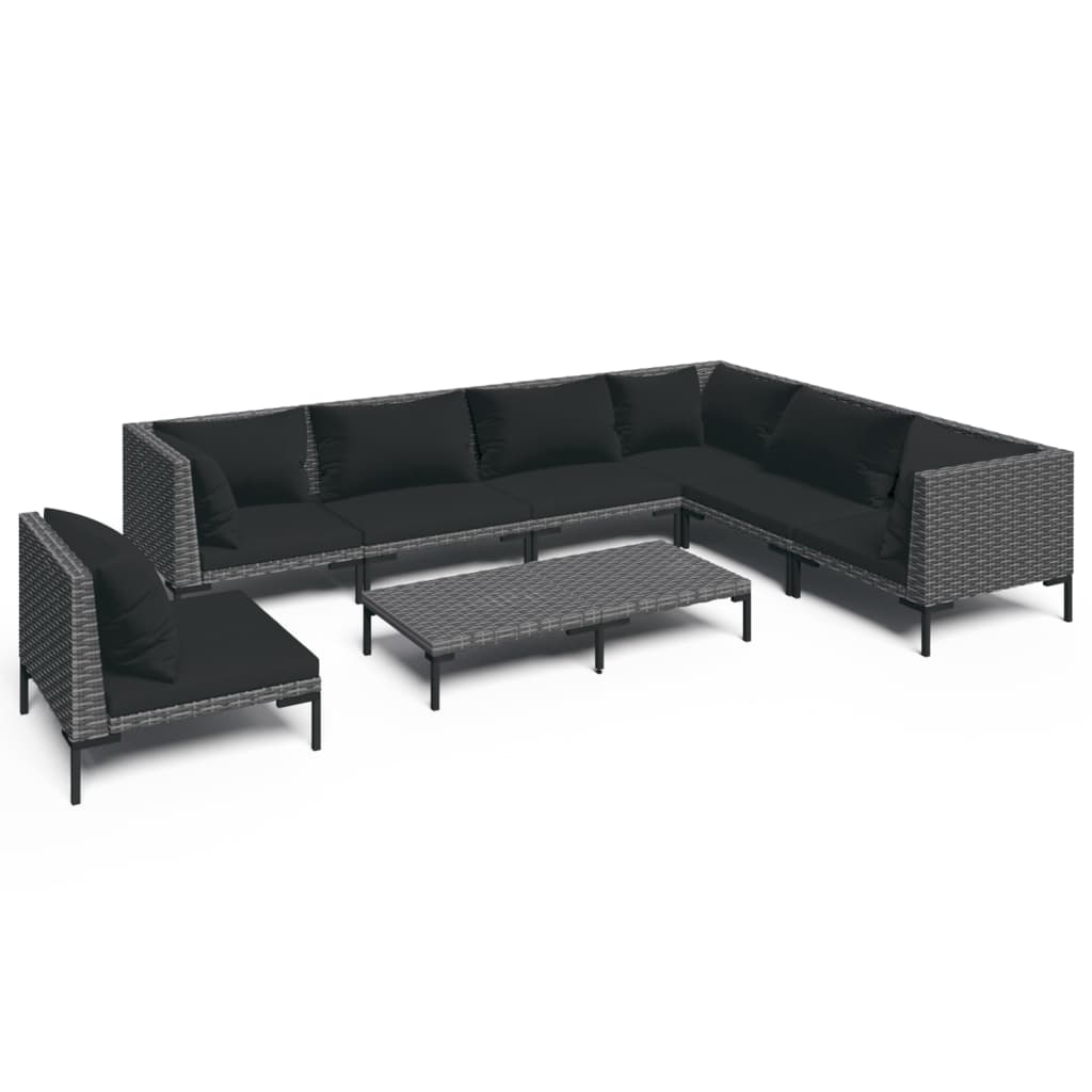 9-delige Loungeset met kussens poly rattan donkergrijs