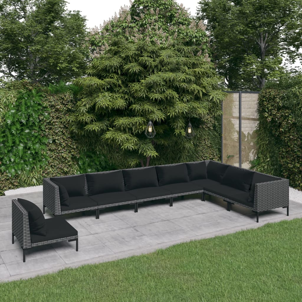 9-delige Loungeset met kussens poly rattan donkergrijs