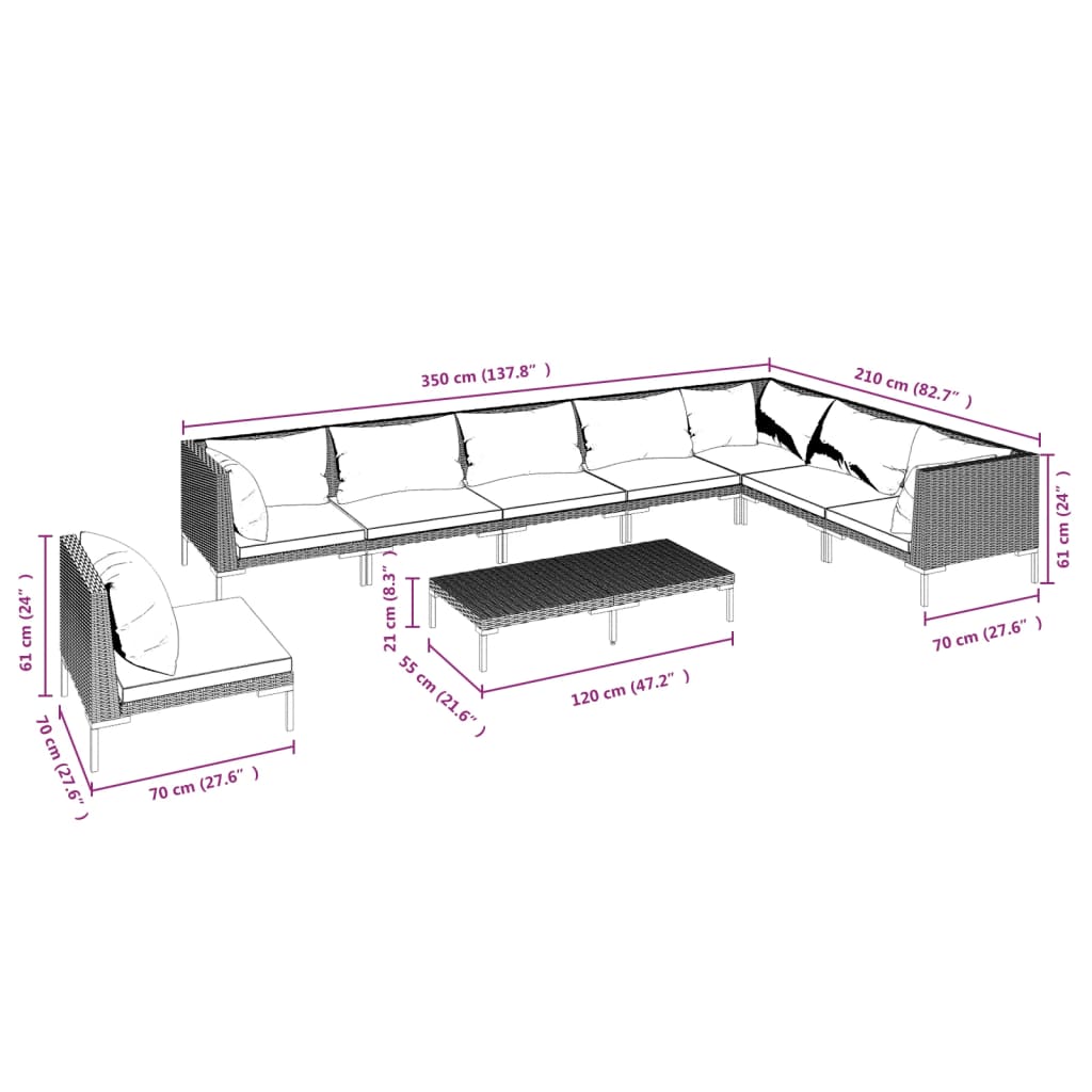 9-delige Loungeset met kussens poly rattan donkergrijs