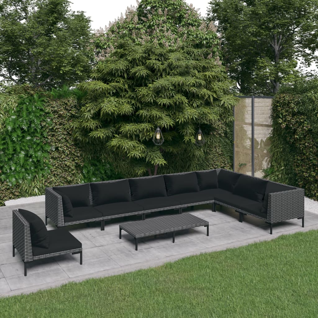 9-delige Loungeset met kussens poly rattan donkergrijs