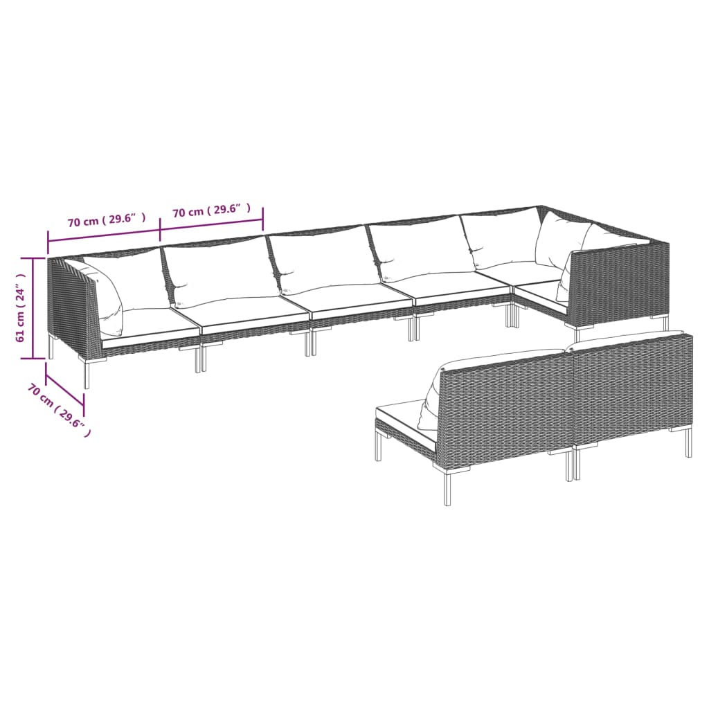 8-delige Loungeset met kussens poly rattan donkergrijs