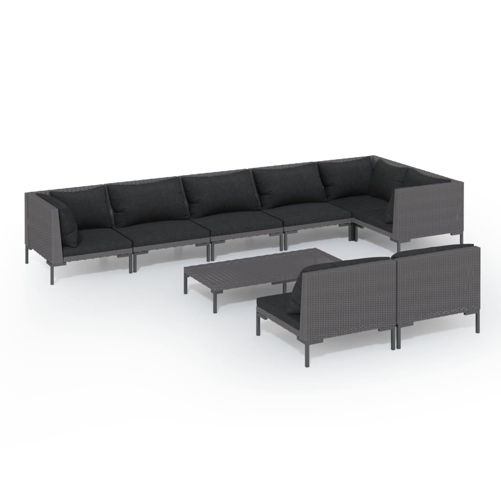 8-delige Loungeset met kussens poly rattan donkergrijs