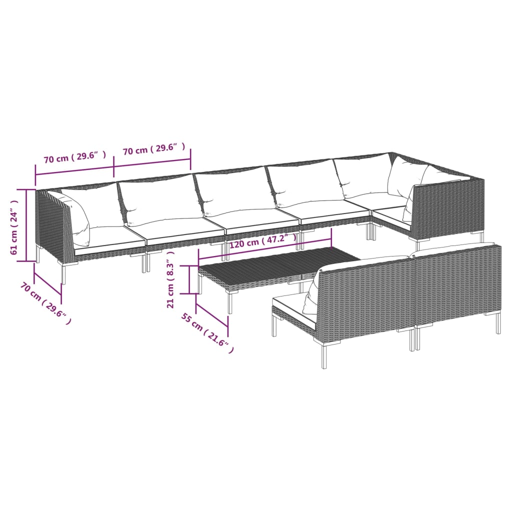 8-delige Loungeset met kussens poly rattan donkergrijs