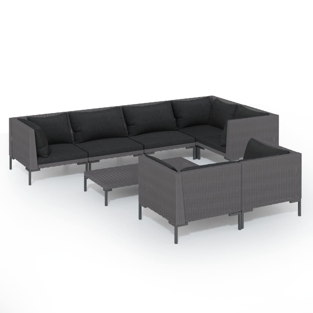 8-delige Loungeset met kussens poly rattan donkergrijs