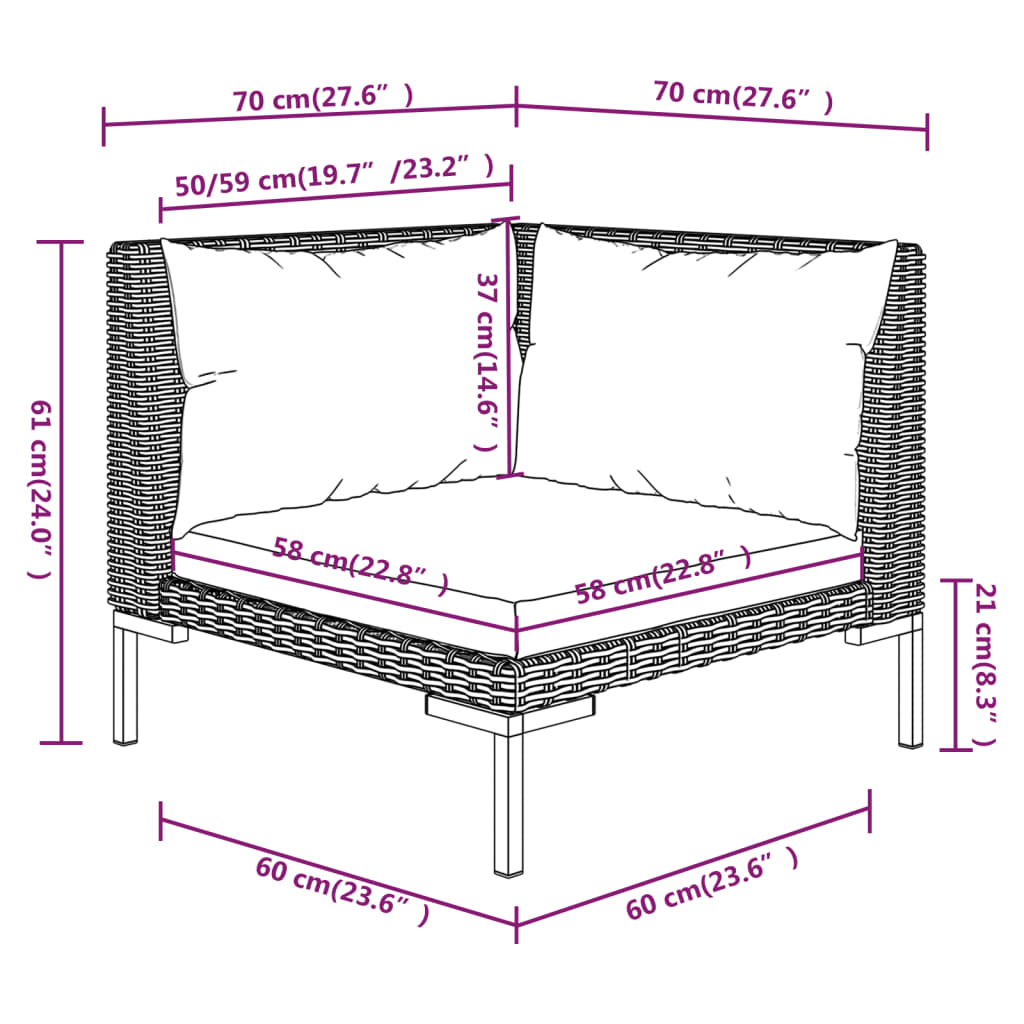 8-delige Loungeset met kussens poly rattan donkergrijs