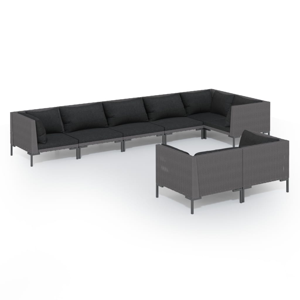 8-delige Loungeset met kussens poly rattan donkergrijs