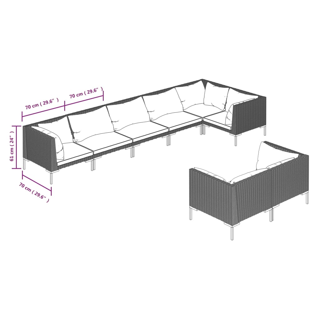 8-delige Loungeset met kussens poly rattan donkergrijs