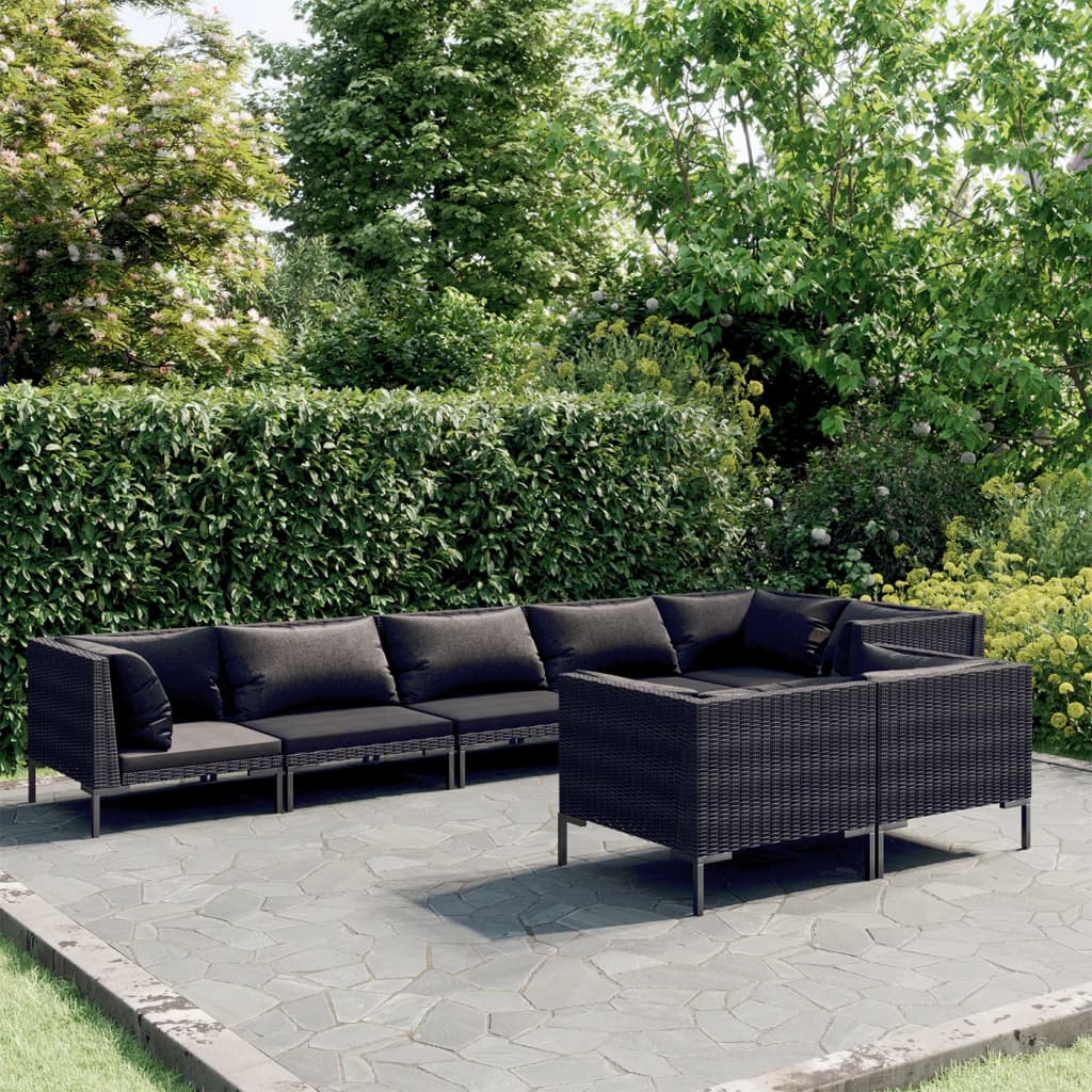 8-delige Loungeset met kussens poly rattan donkergrijs