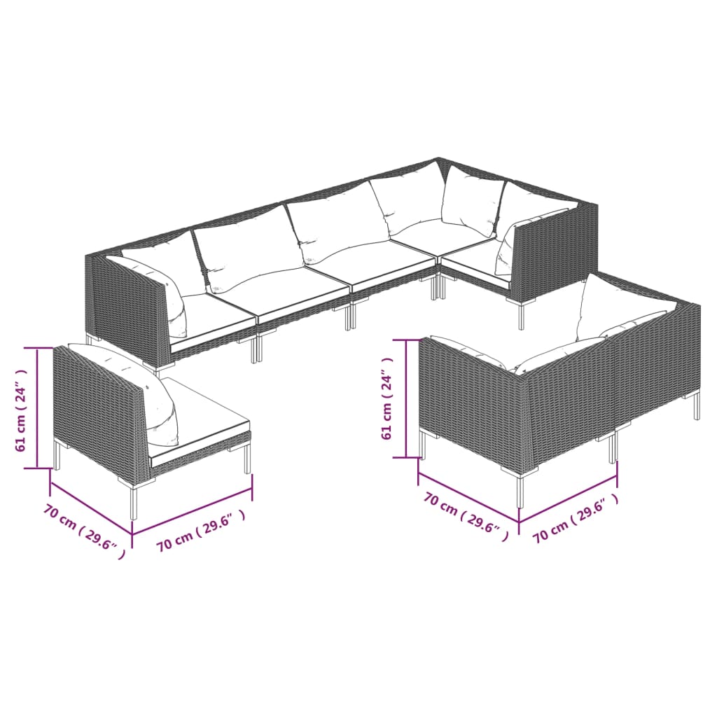 12-delige Loungeset met kussens poly rattan donkergrijs