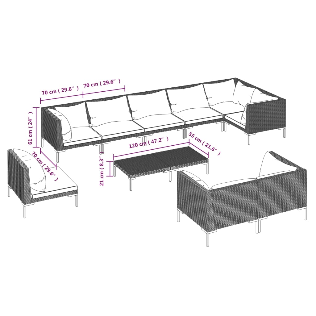 Ensemble lounge 12 pièces avec coussins en polyrotin gris foncé