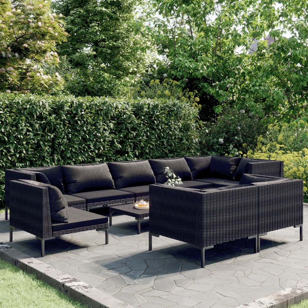 12-delige Loungeset met kussens poly rattan donkergrijs