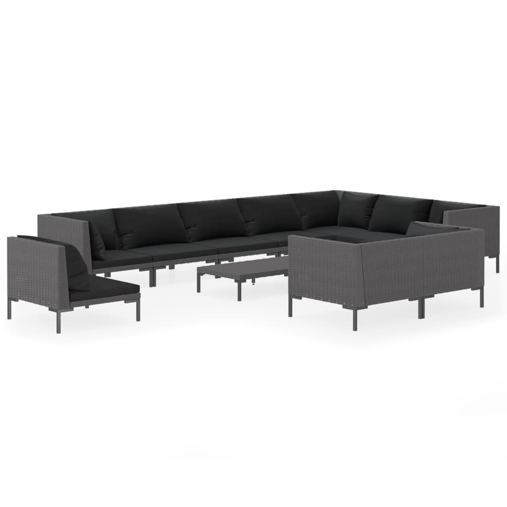 12-delige Loungeset met kussens poly rattan donkergrijs