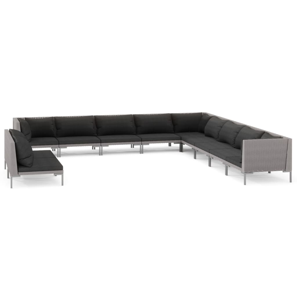 11-delige Loungeset met kussens poly rattan donkergrijs