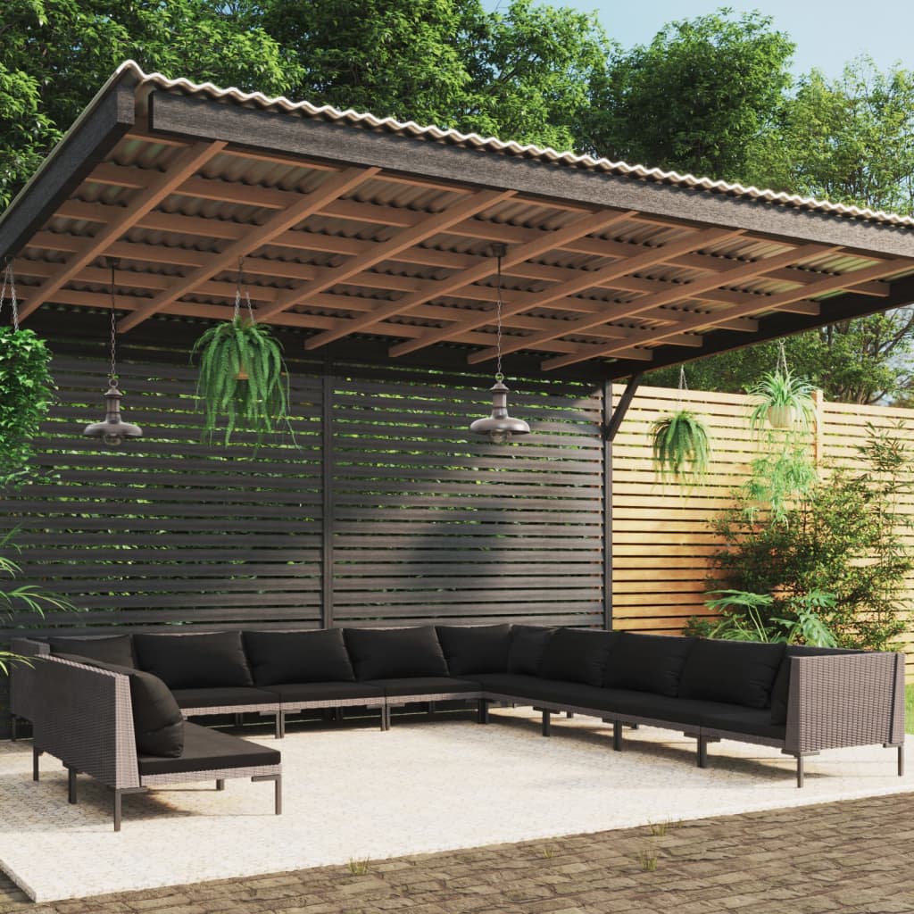 11-delige Loungeset met kussens poly rattan donkergrijs