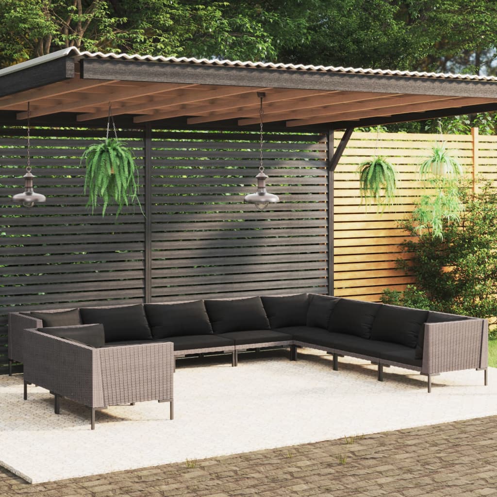 12-delige Loungeset met kussens poly rattan donkergrijs