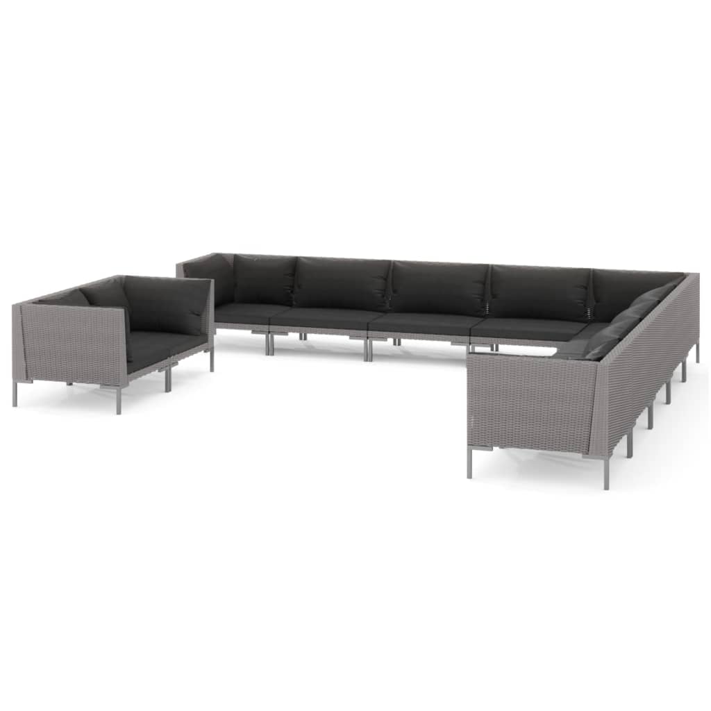 12-delige Loungeset met kussens poly rattan donkergrijs