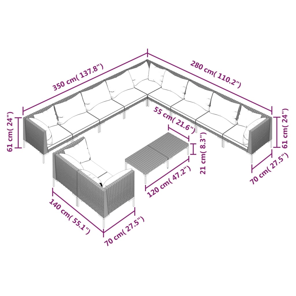 12-delige Loungeset met kussens poly rattan donkergrijs