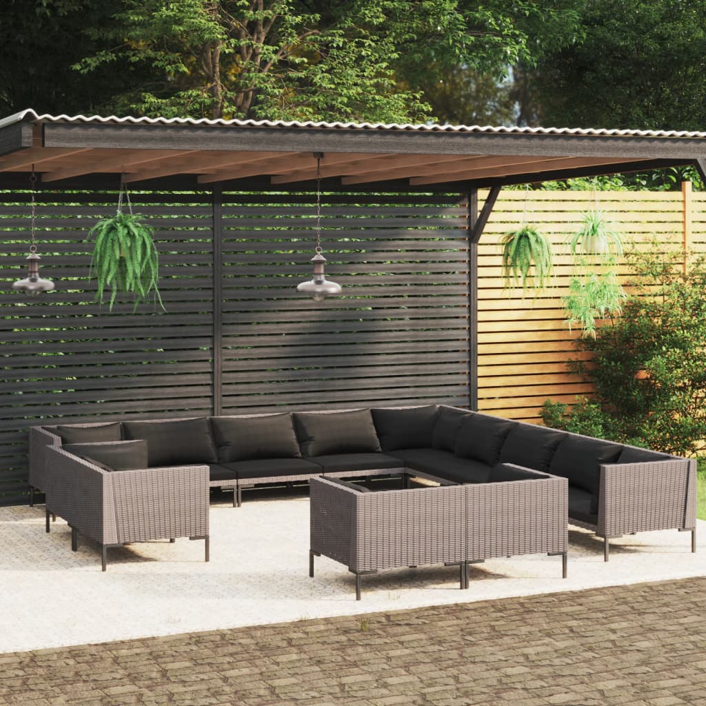 12-delige Loungeset met kussens poly rattan donkergrijs