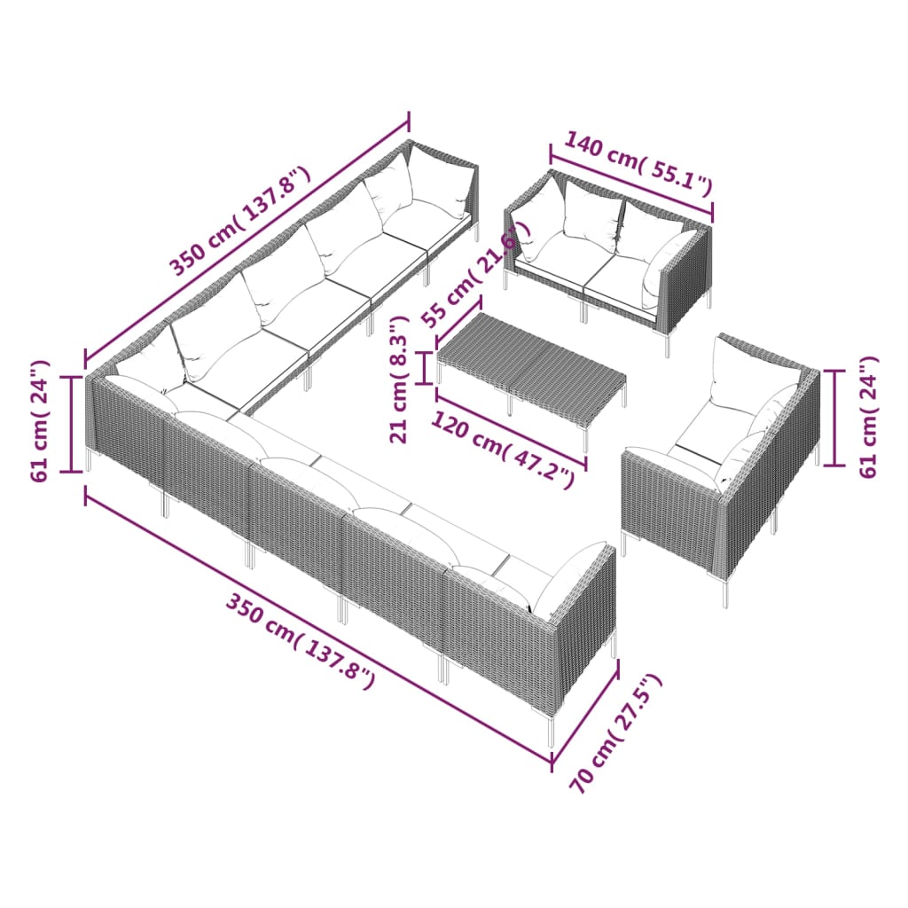 12-delige Loungeset met kussens poly rattan donkergrijs