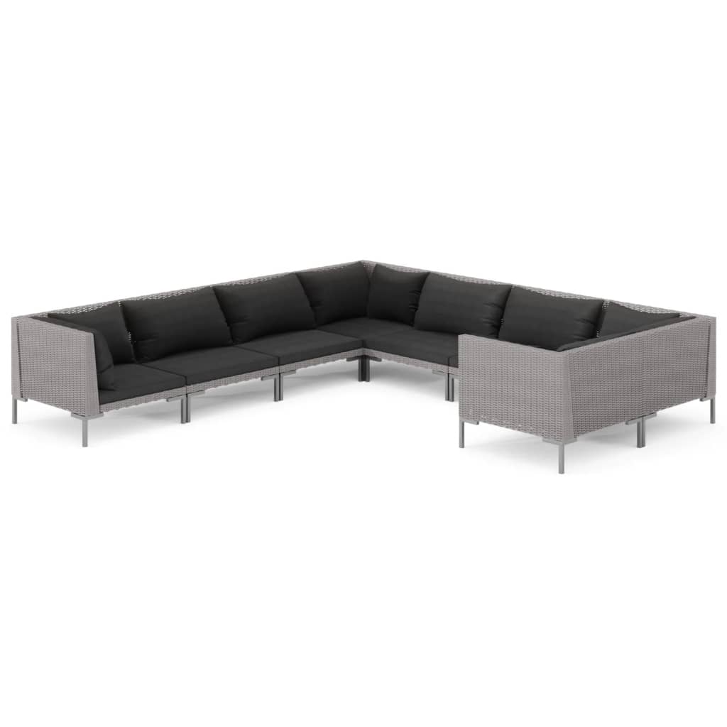 9-delige Loungeset met kussens poly rattan donkergrijs