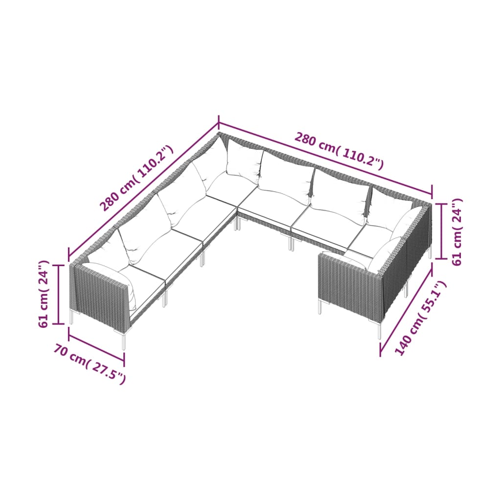 9-delige Loungeset met kussens poly rattan donkergrijs