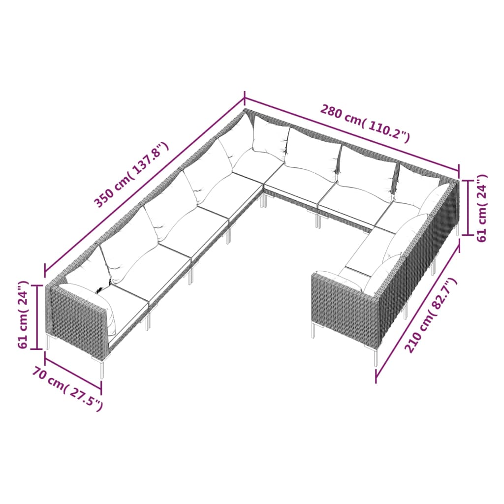 9-delige Loungeset met kussens poly rattan donkergrijs