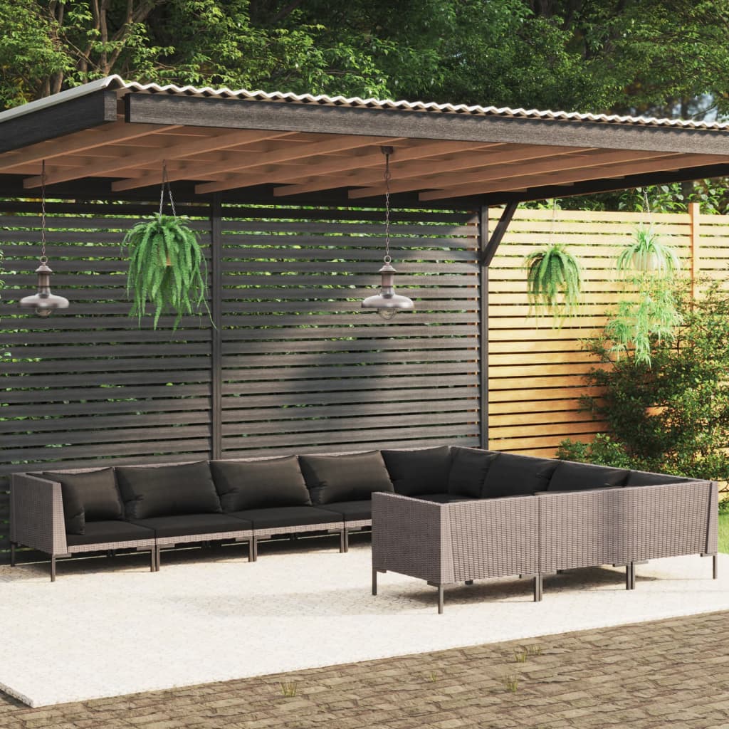 9-delige Loungeset met kussens poly rattan donkergrijs