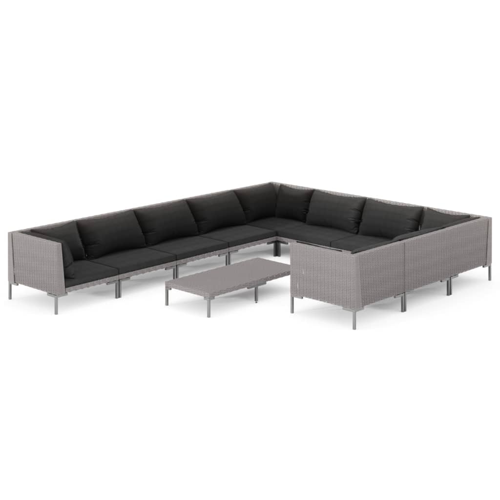 9-delige Loungeset met kussens poly rattan donkergrijs