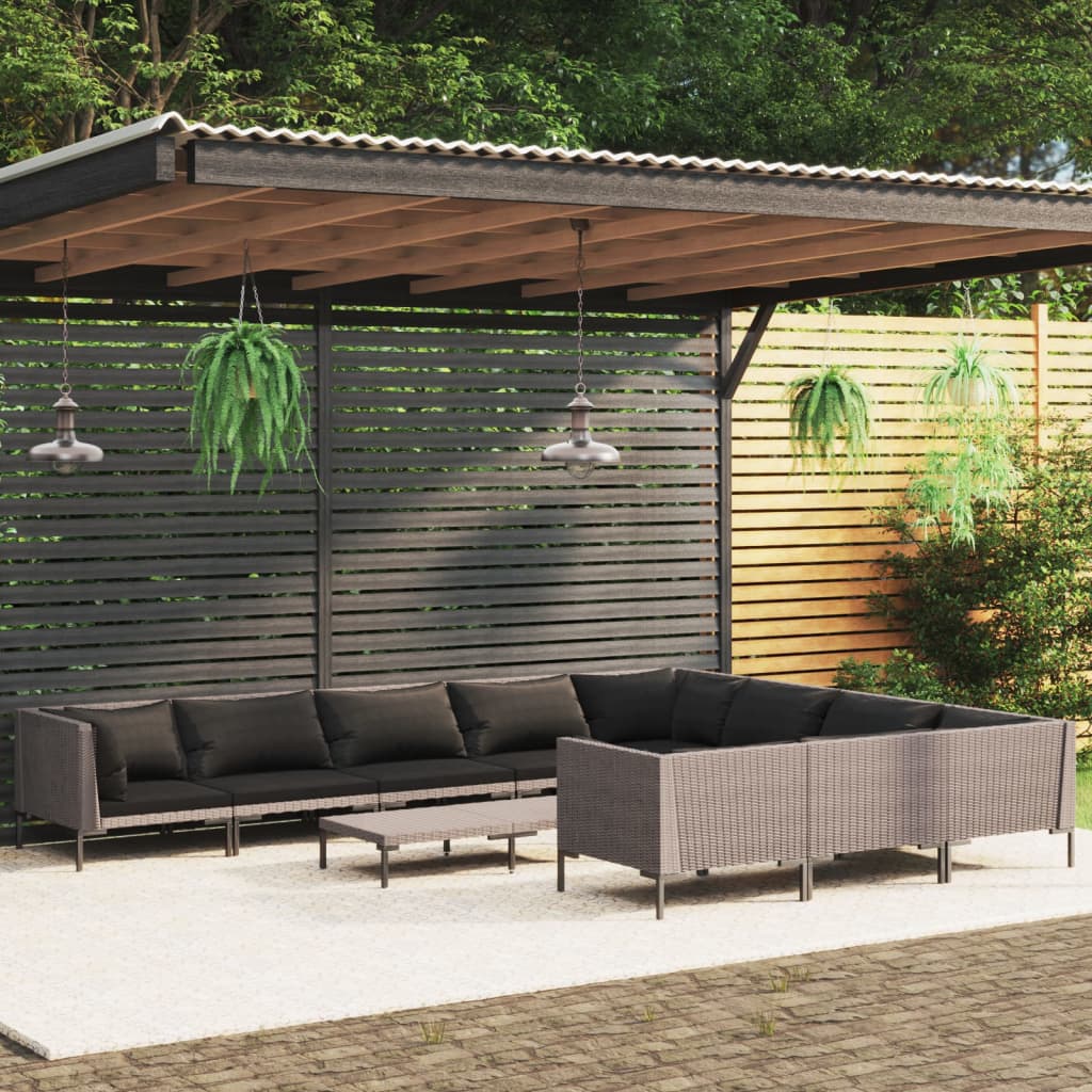 9-delige Loungeset met kussens poly rattan donkergrijs