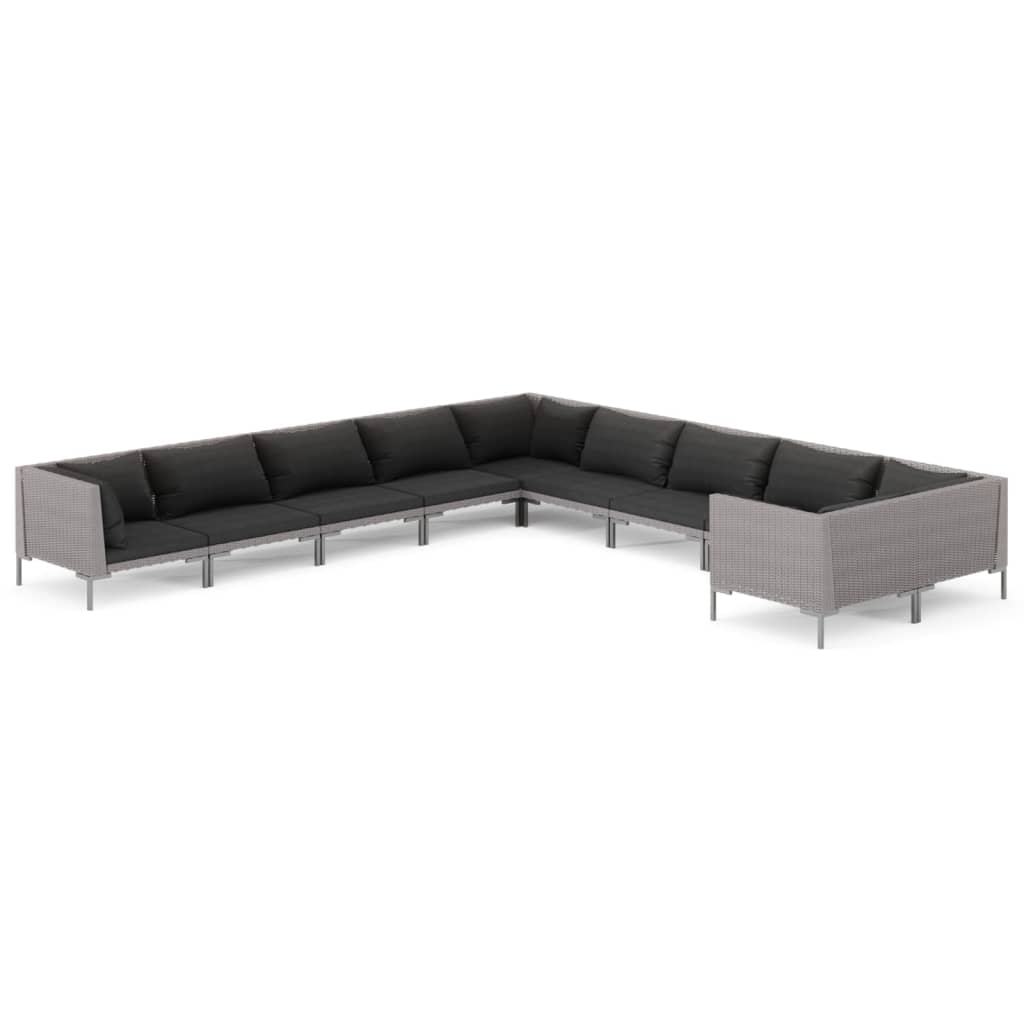 9-delige Loungeset met kussens poly rattan donkergrijs