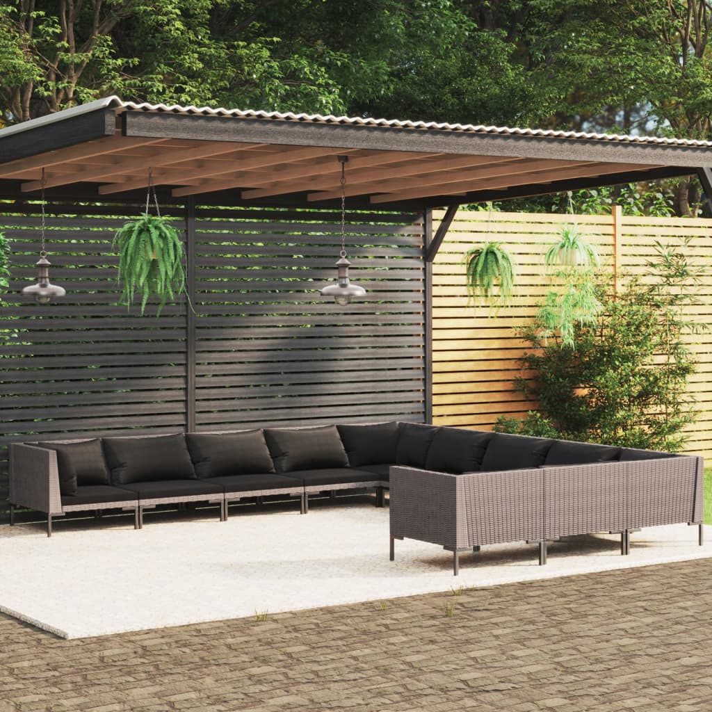 9-delige Loungeset met kussens poly rattan donkergrijs