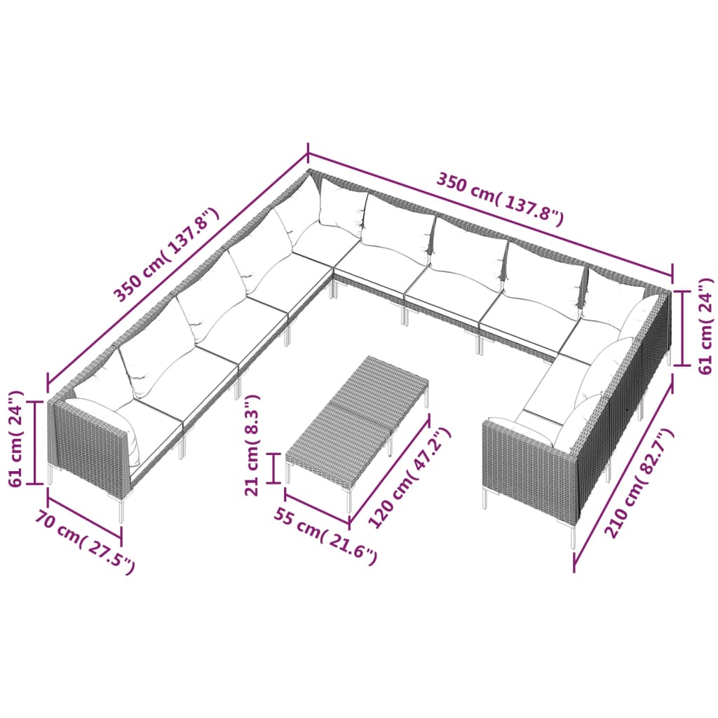 9-delige Loungeset met kussens poly rattan donkergrijs