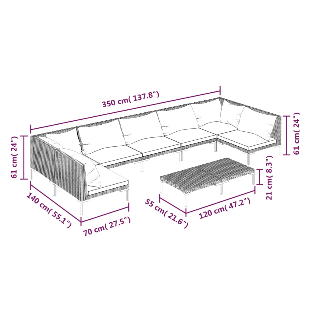 7-delige Loungeset met kussens poly rattan donkergrijs