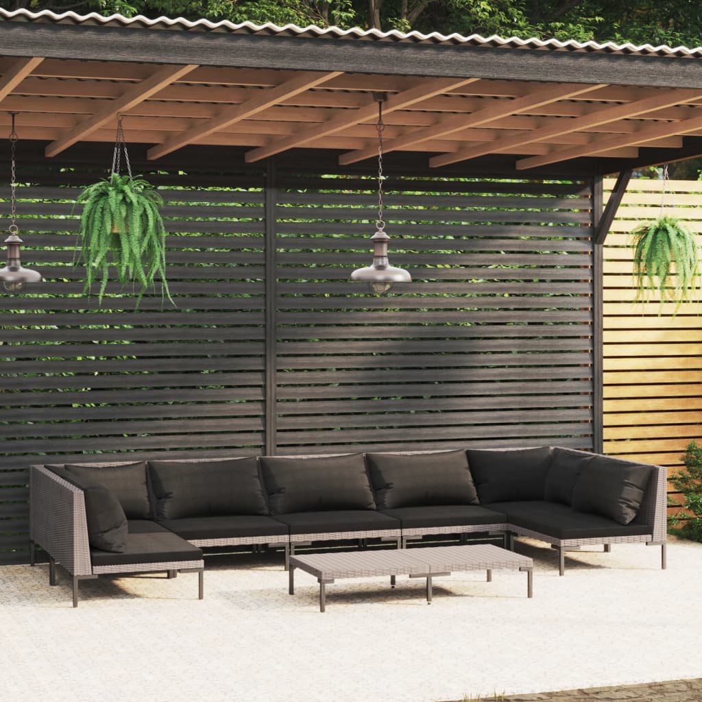 7-delige Loungeset met kussens poly rattan donkergrijs