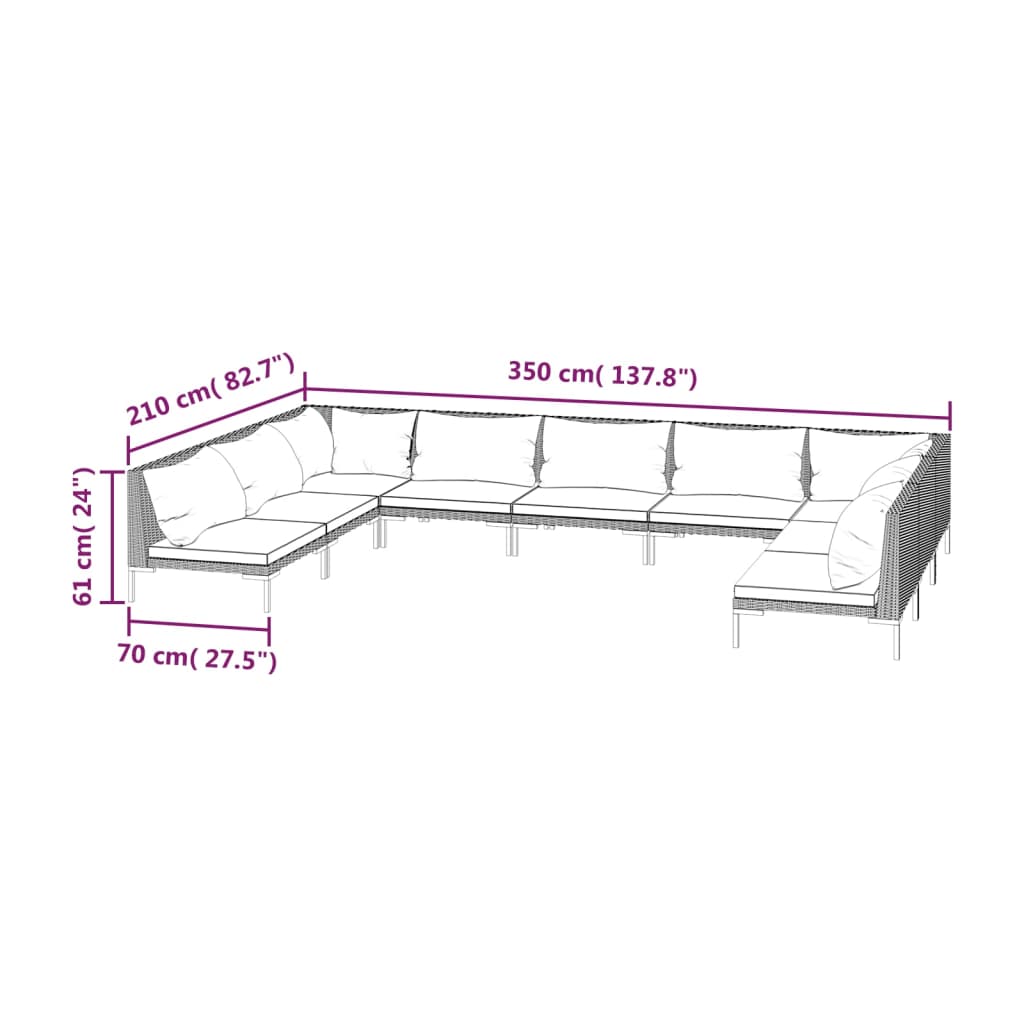 7-delige Loungeset met kussens poly rattan donkergrijs