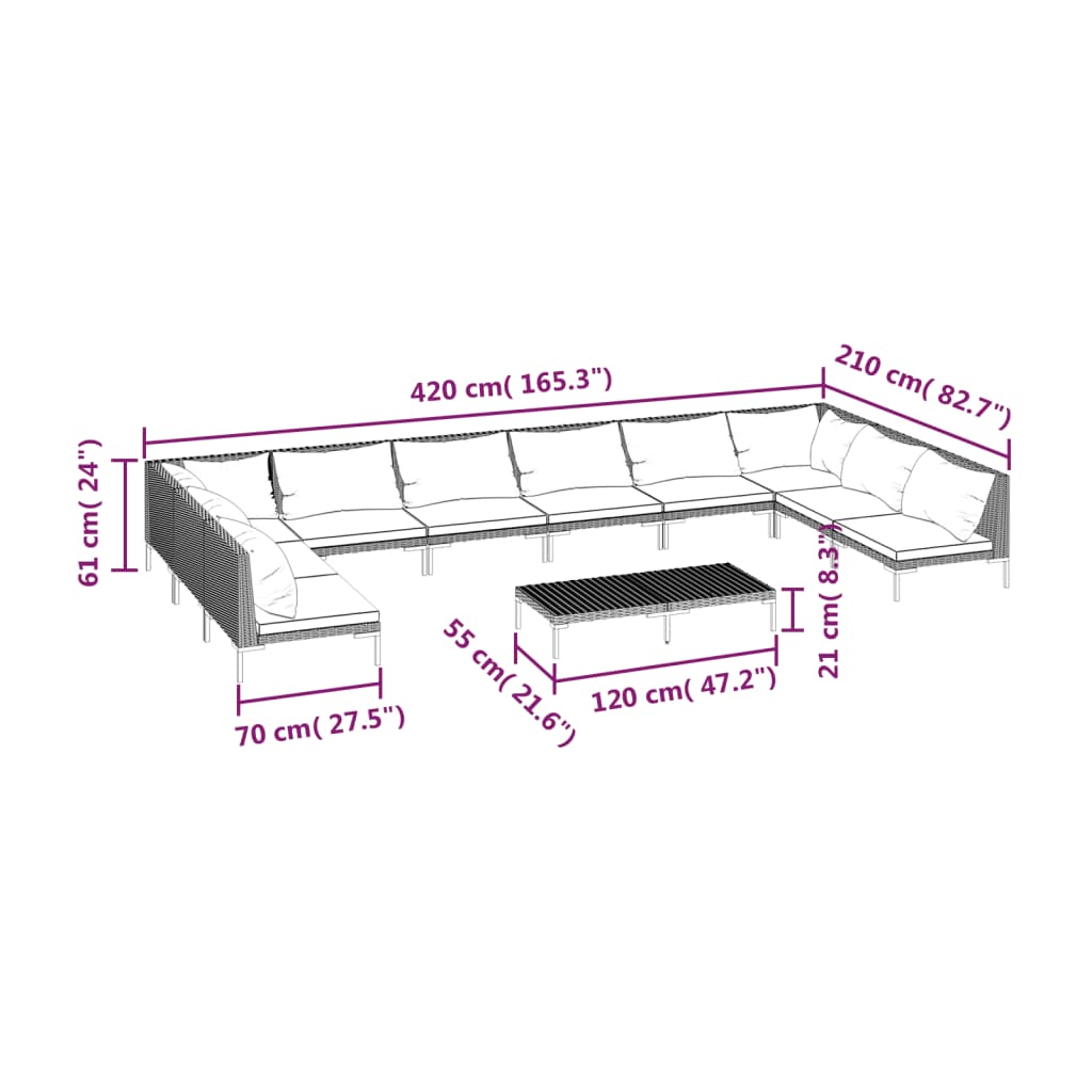 7-delige Loungeset met kussens poly rattan donkergrijs