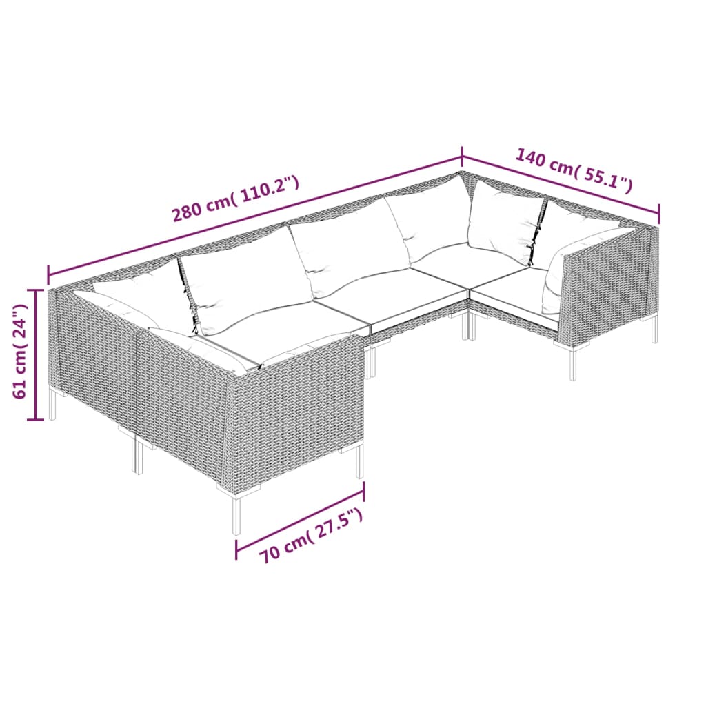 7-delige Loungeset met kussens poly rattan donkergrijs