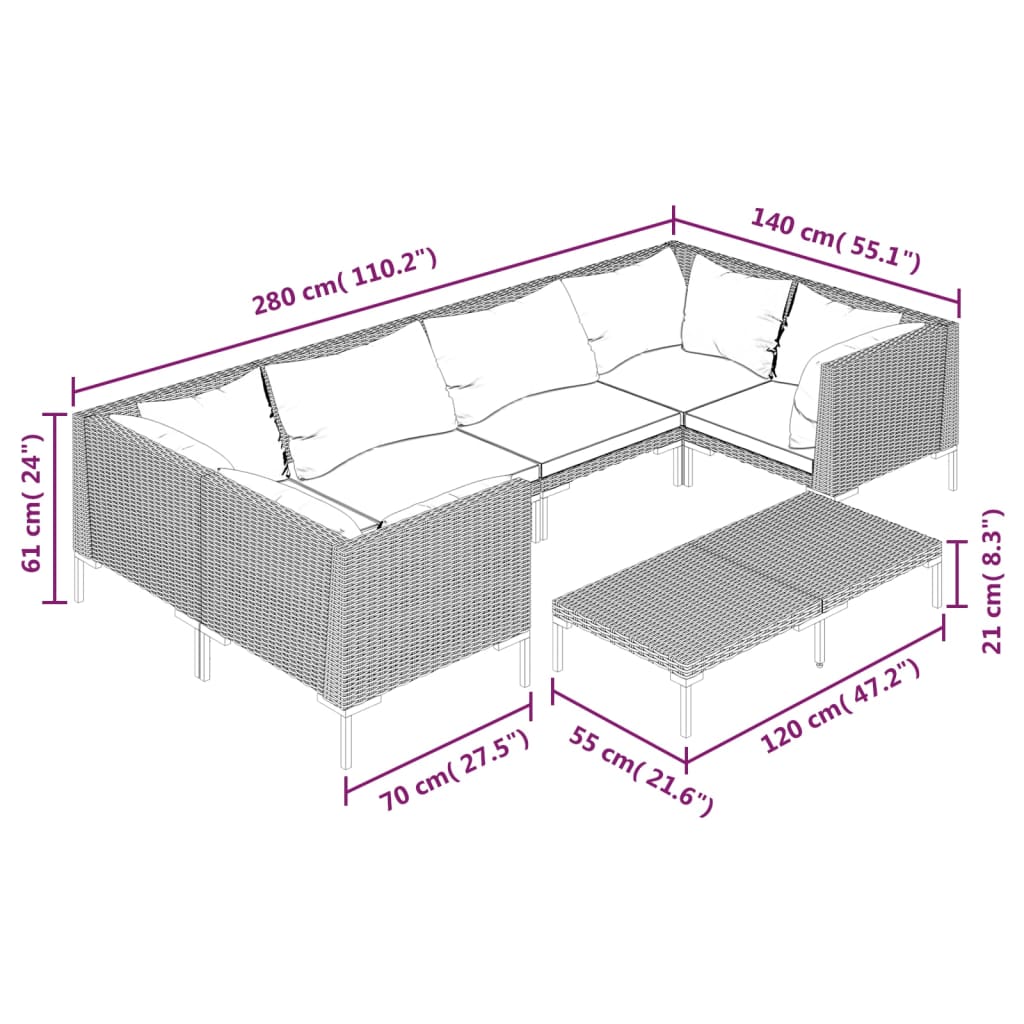 7-delige Loungeset met kussens poly rattan donkergrijs