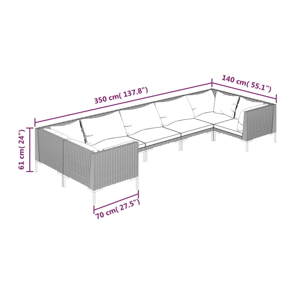 7-delige Loungeset met kussens poly rattan donkergrijs