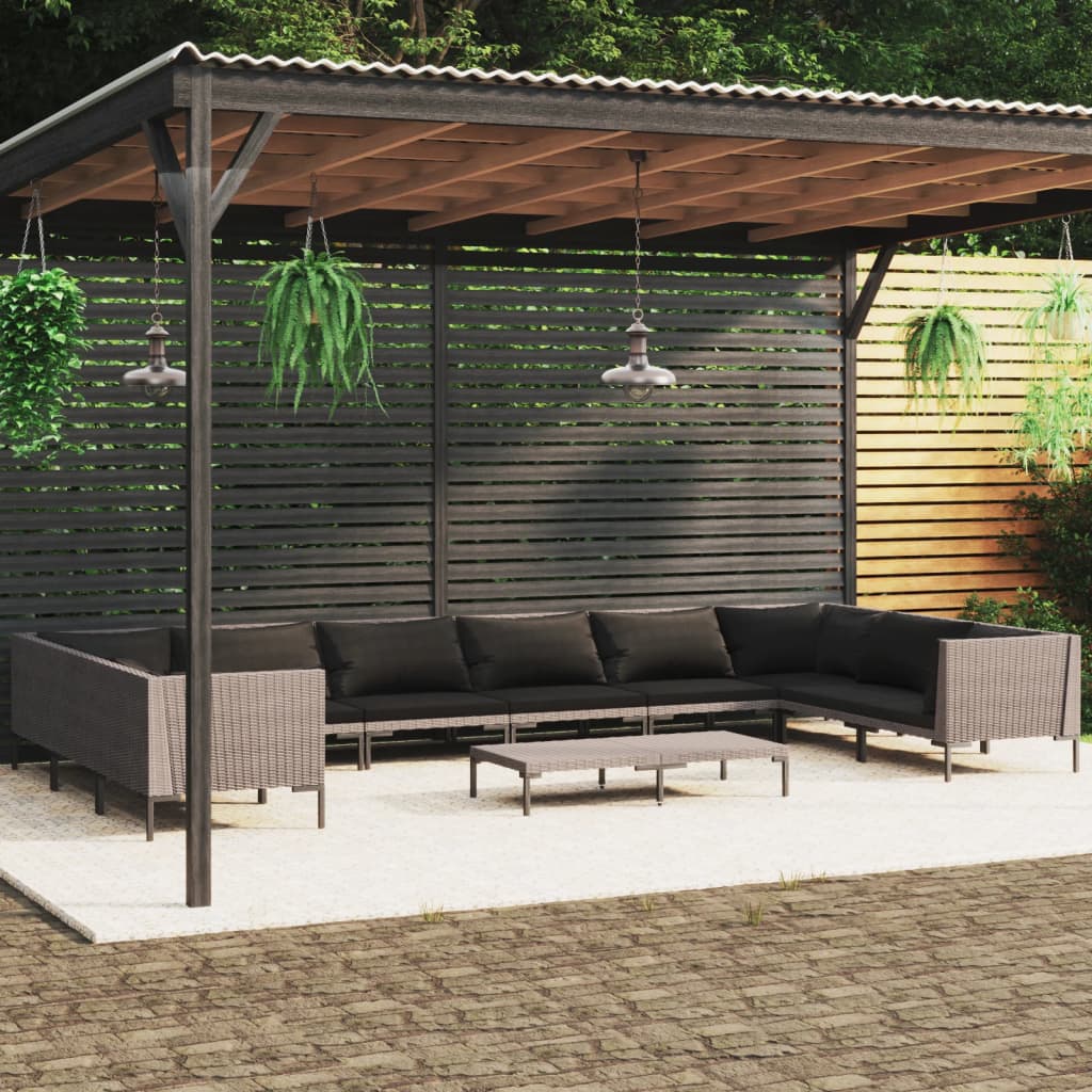 7-delige Loungeset met kussens poly rattan donkergrijs