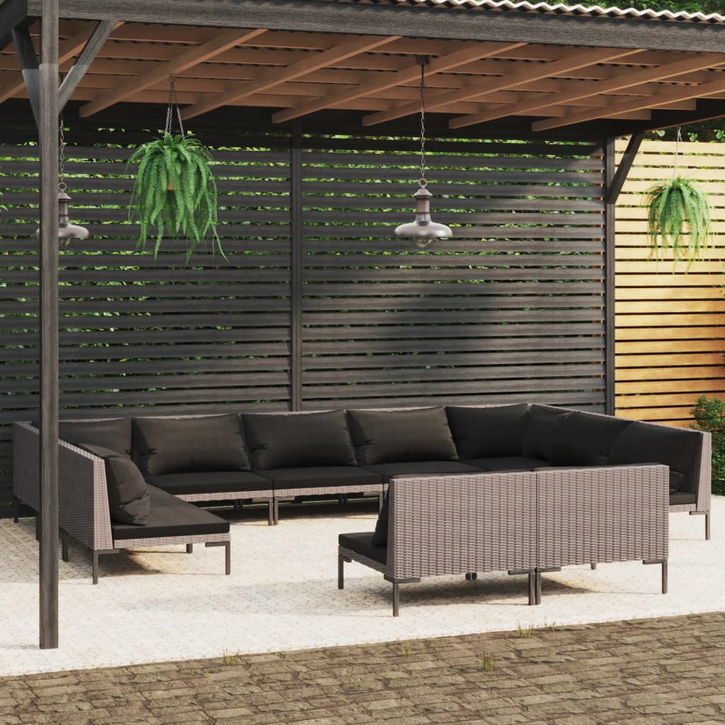 12-delige Loungeset met kussens poly rattan donkergrijs