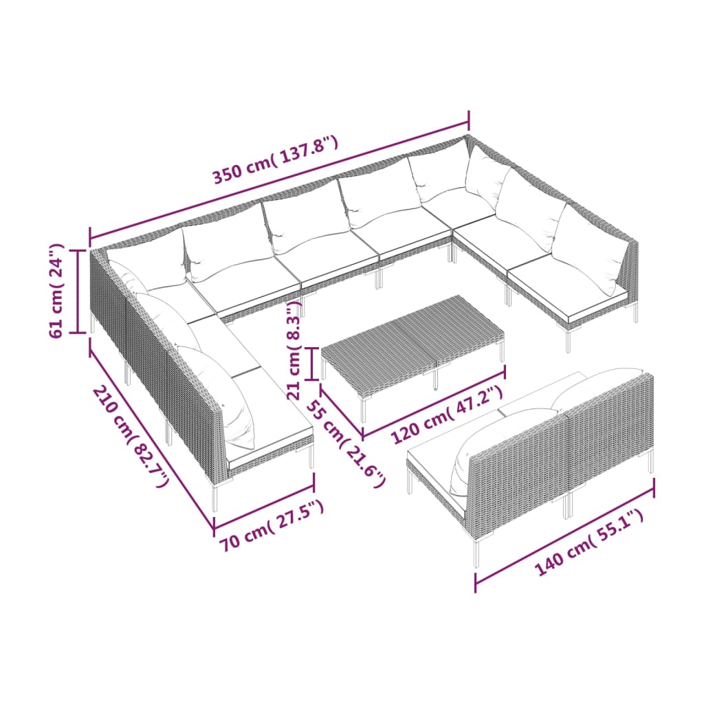 12-delige Loungeset met kussens poly rattan donkergrijs