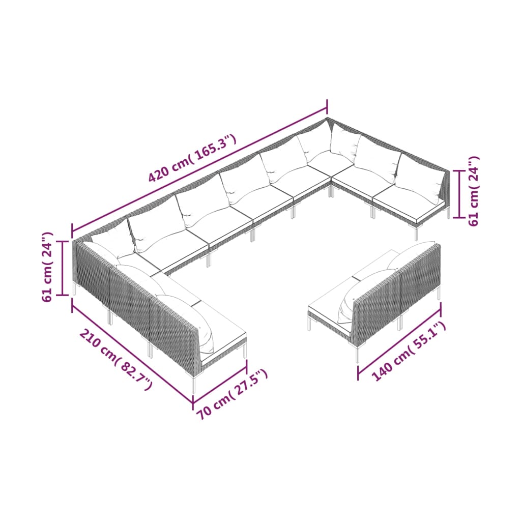 12-delige Loungeset met kussens poly rattan donkergrijs