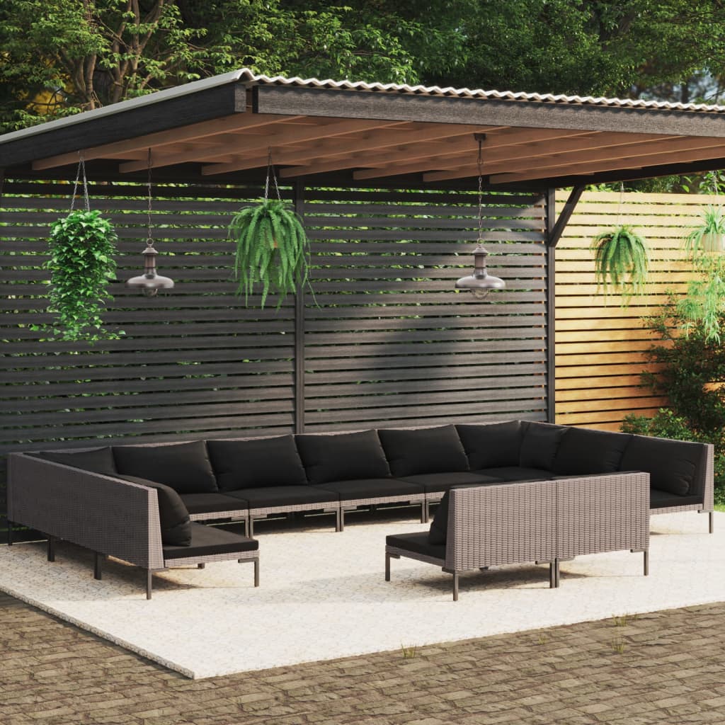 12-delige Loungeset met kussens poly rattan donkergrijs