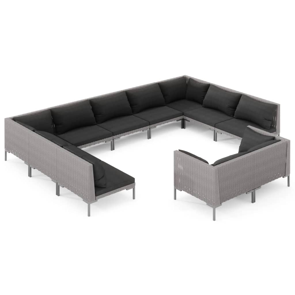 12-delige Loungeset met kussens poly rattan donkergrijs