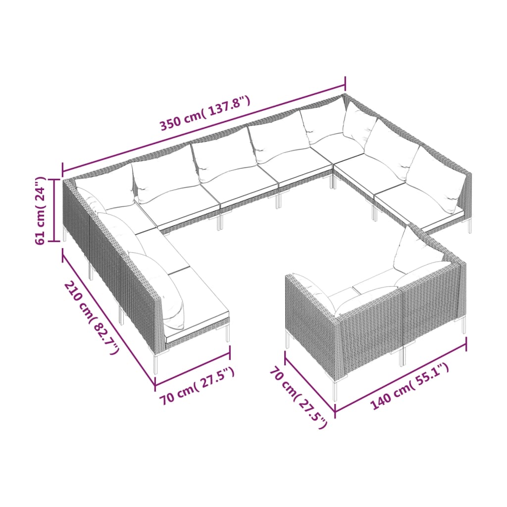 12-delige Loungeset met kussens poly rattan donkergrijs